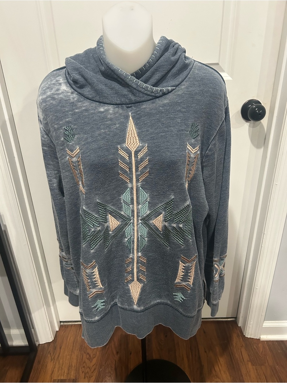 Ariat Alo Vera Slate Blue Embroidered Cowl Neck Sweater